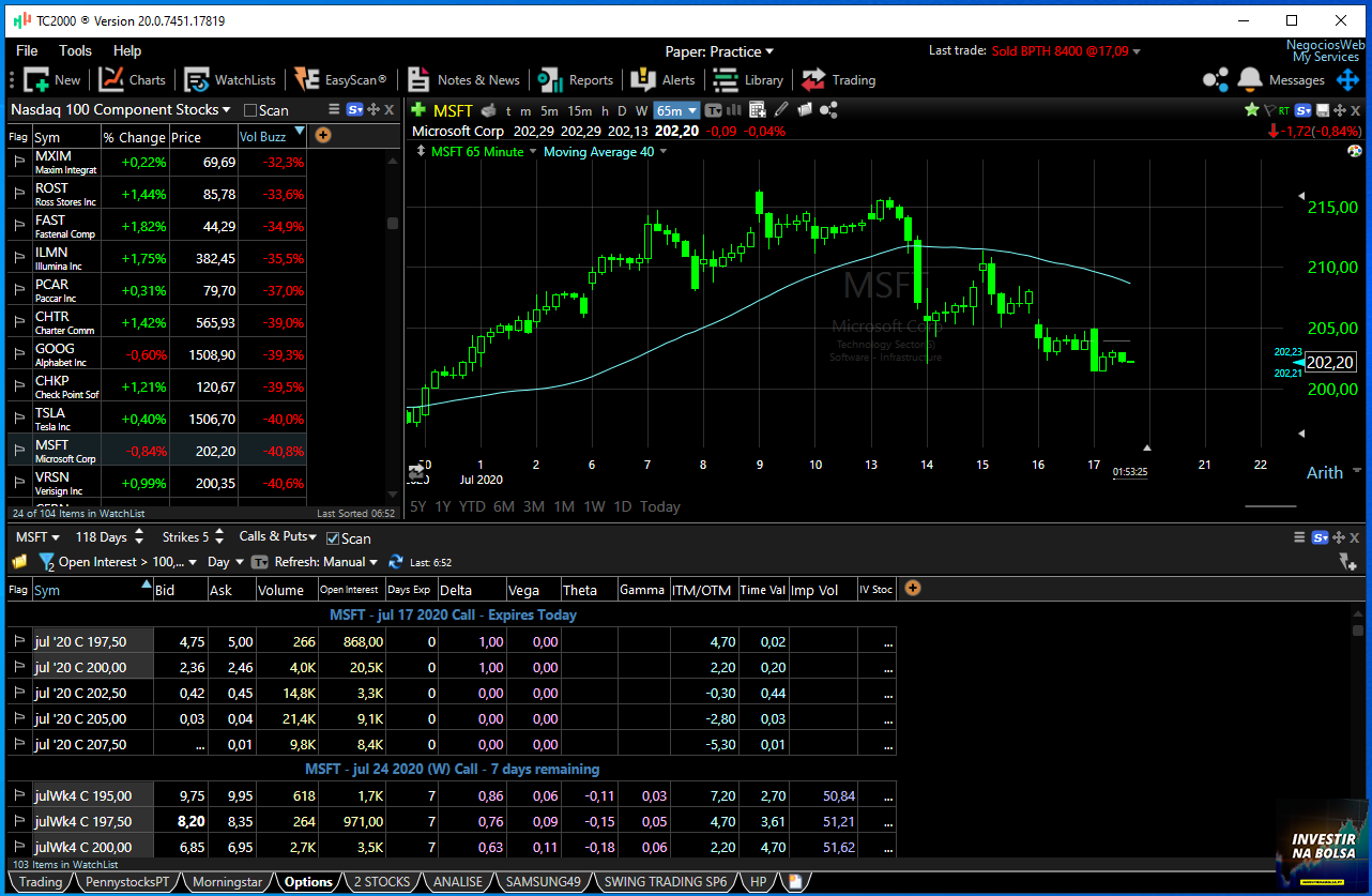 Aba Options no TC2000 inclui um tema pré-configurado para traders de opções