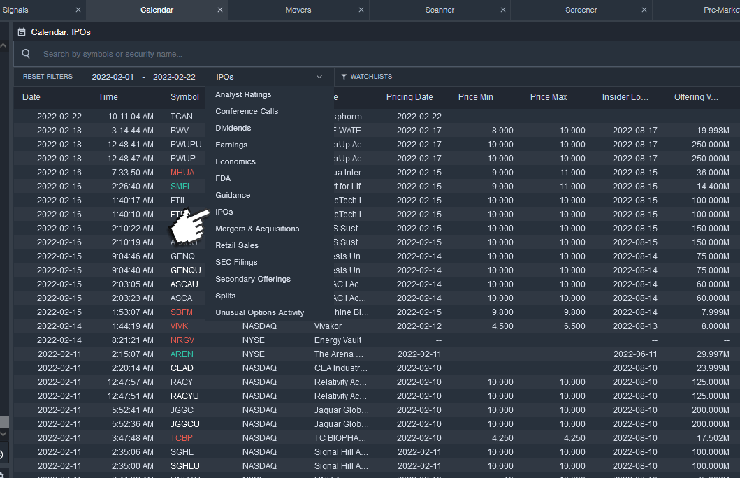 Calendário IPOs no Benzinga Pro