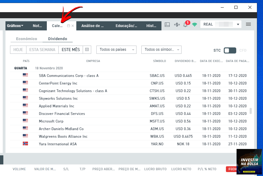 Calendário na plataforma xStation 5