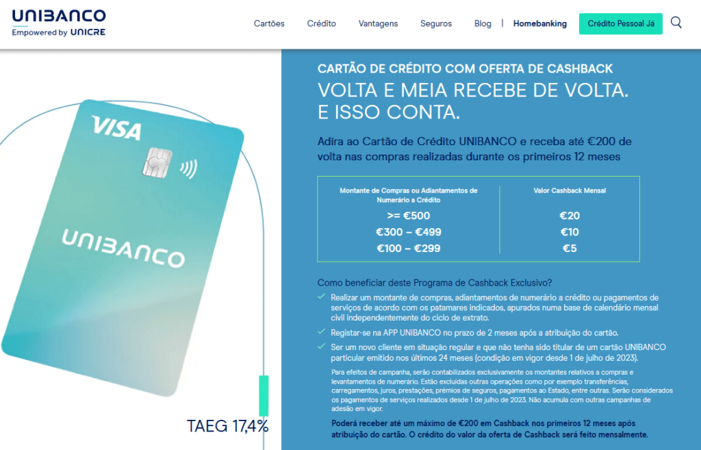 Cartão de Crédito UNIBANCO com cashback