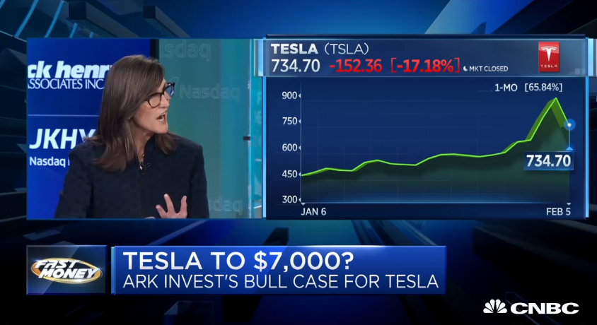 Cathie Wood na CNBC, conhecida como "Tesla Bull", em fevereiro de 2020