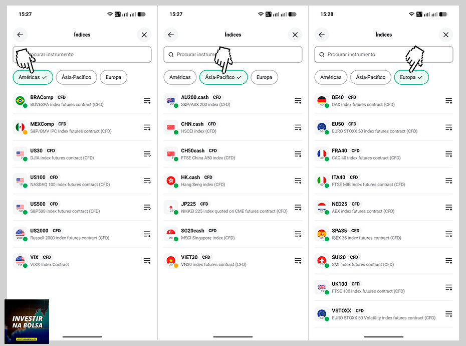 Aplicação móvel XTB a mostrar CFDs de índices financeiros