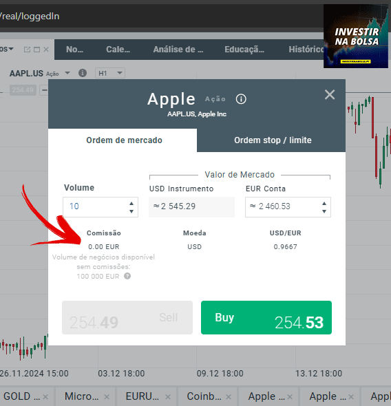 Comissão de comprar ações na corretora XTB