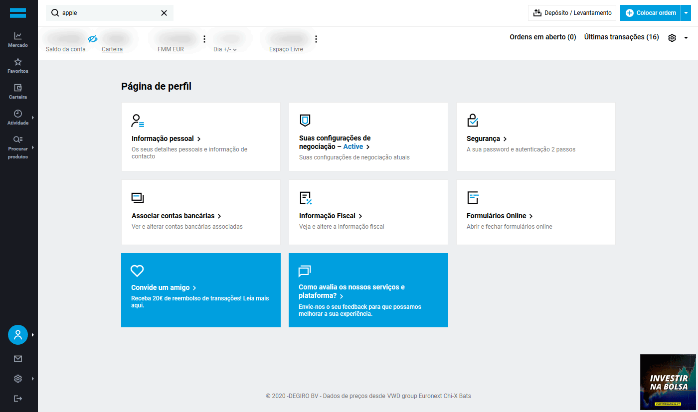 Como funciona a corretora DEGIRO - Página de perfil