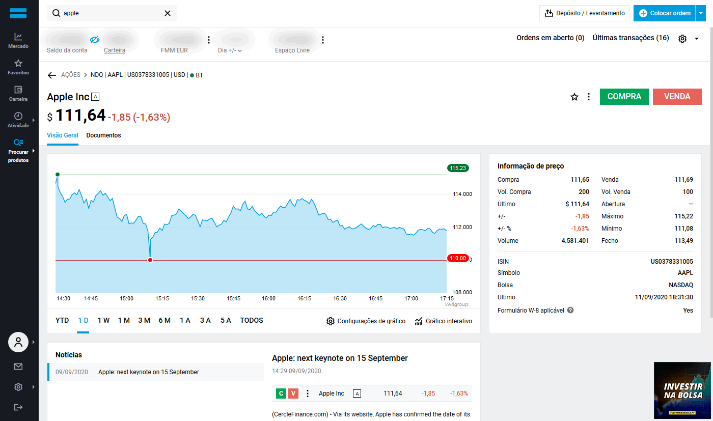 Como funciona a corretora DEGIRO - Página da ação