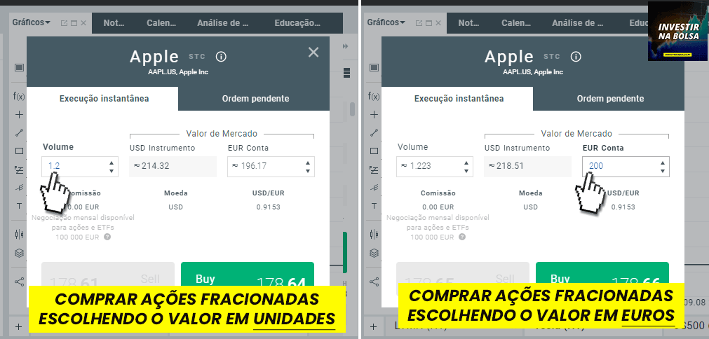 Comprar ações fracionadas na XTB com base em unidades ou euros.