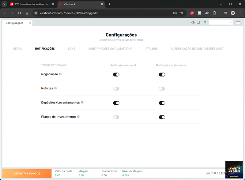 Configurações da plataforma da corretora XTB
