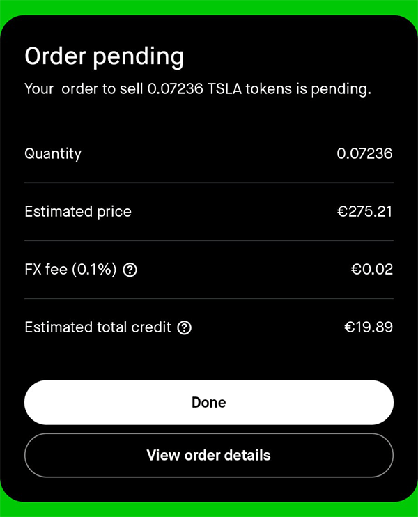 Confirmação da ordem na app Robinhood