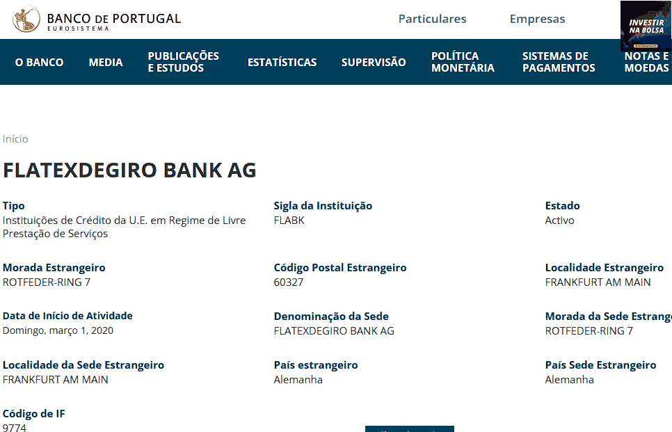 Comprovativo do registo da flatexDEGIRO no Banco de Portugal