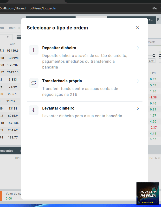 Depositar dinheiro na corretora XTB