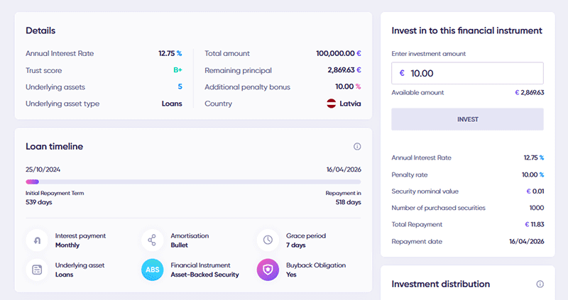 Página da oportunidade na plataforma P2P Debitum