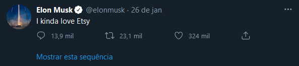 Tweet de Elon Musk sobre a Etsy