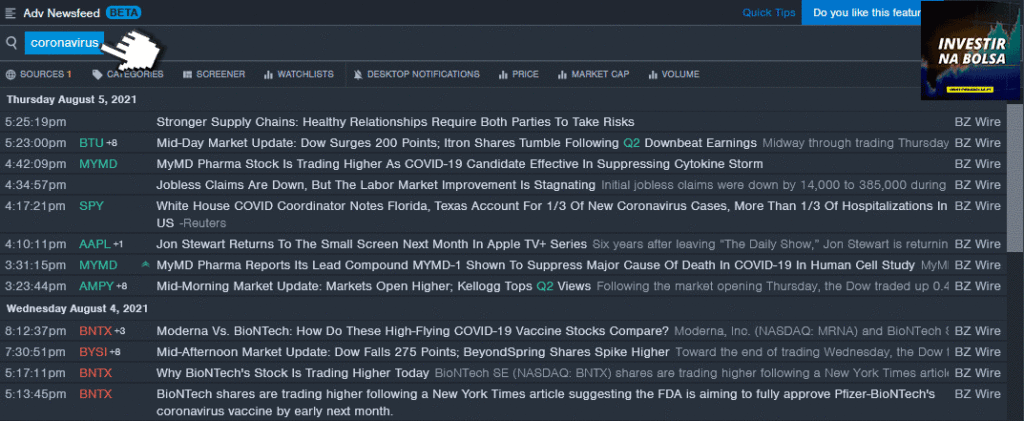 Exemplo de newsfeed para o coronavírus no Benzinga Pro