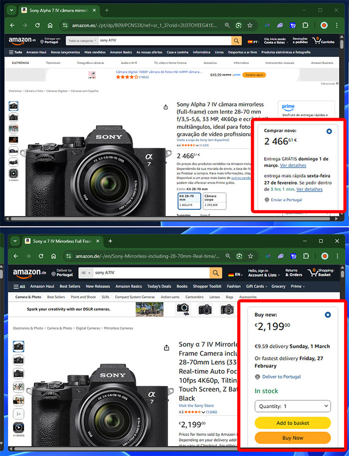 Exemplos de preços diferentes para o mesmo produto - máquina fotográfica Sony A7IV