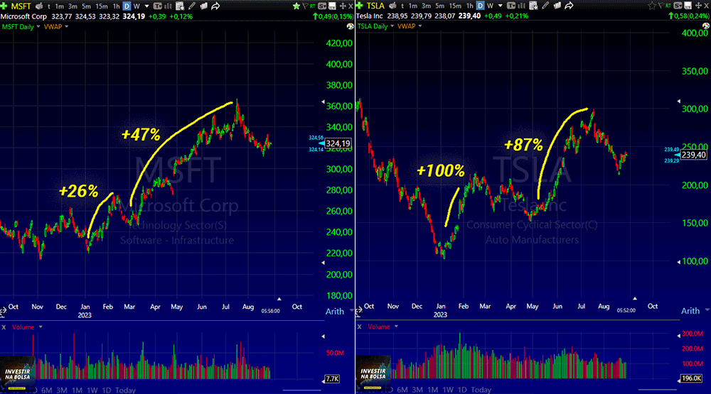 Exemplos de ganhos nas ações Tesla e Microsoft