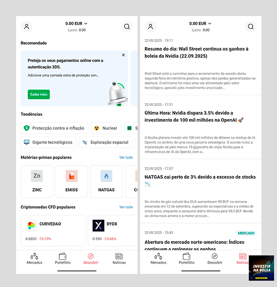 Ideias de ações e notícias na app XTB