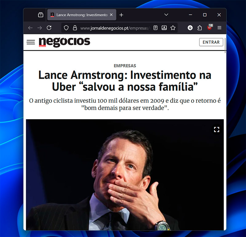 Investimento de Lance Armstrong no mercado privado, foi na UBER