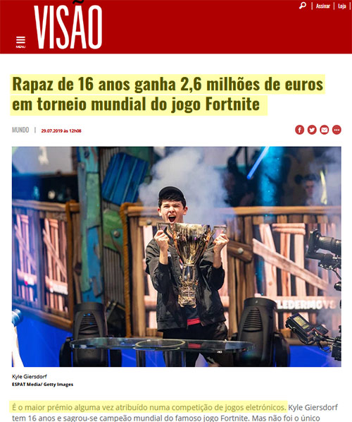 Notícia do rapaz milionário do Fortnite