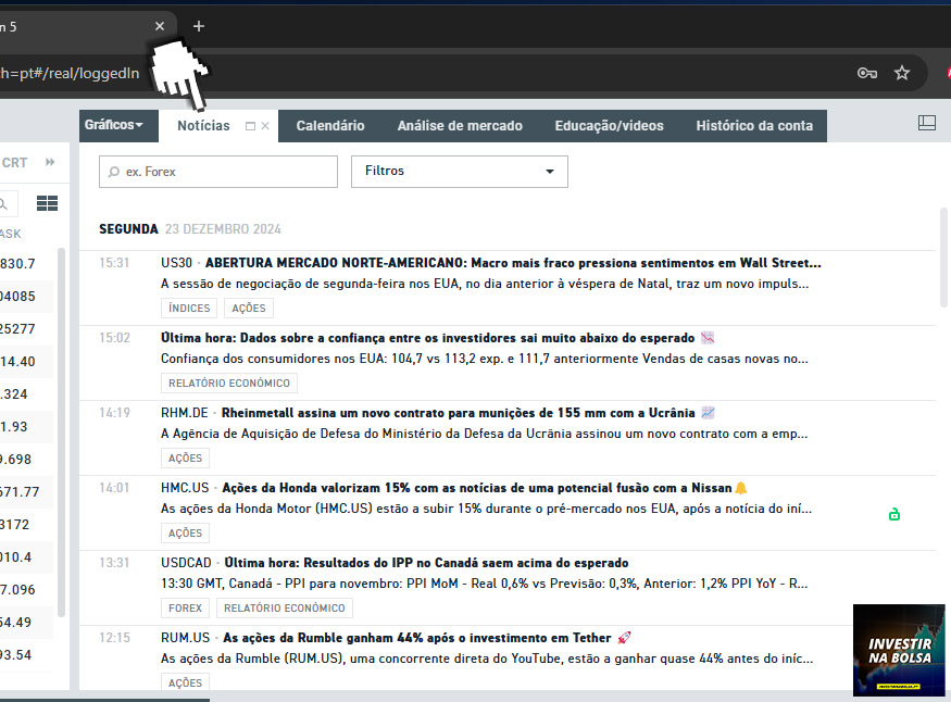 Notícias na plataforma da corretora XTB