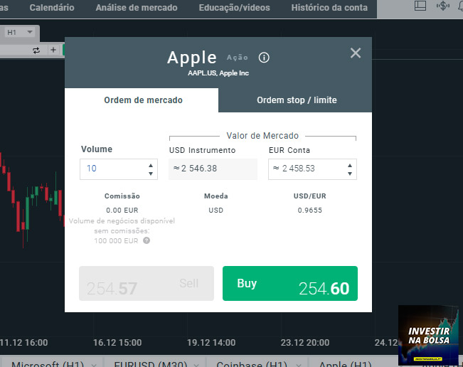 Ordem de mercado na plataforma da corretora XTB