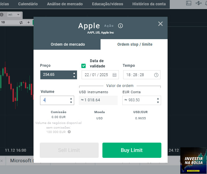 Ordem pendente na plataforma da corretora XTB