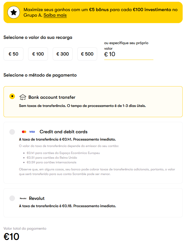 Depositar dinheiro na Scramble