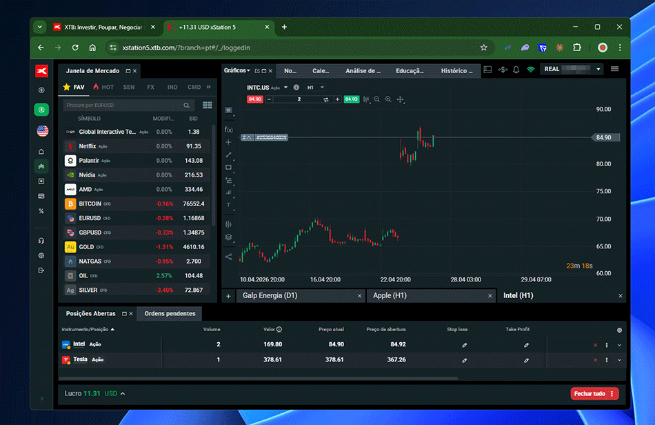 Plataforma web da corretora XTB