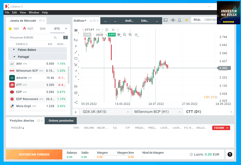 Plataforma da corretora XTB com a Bolsa de Valores de Portugal