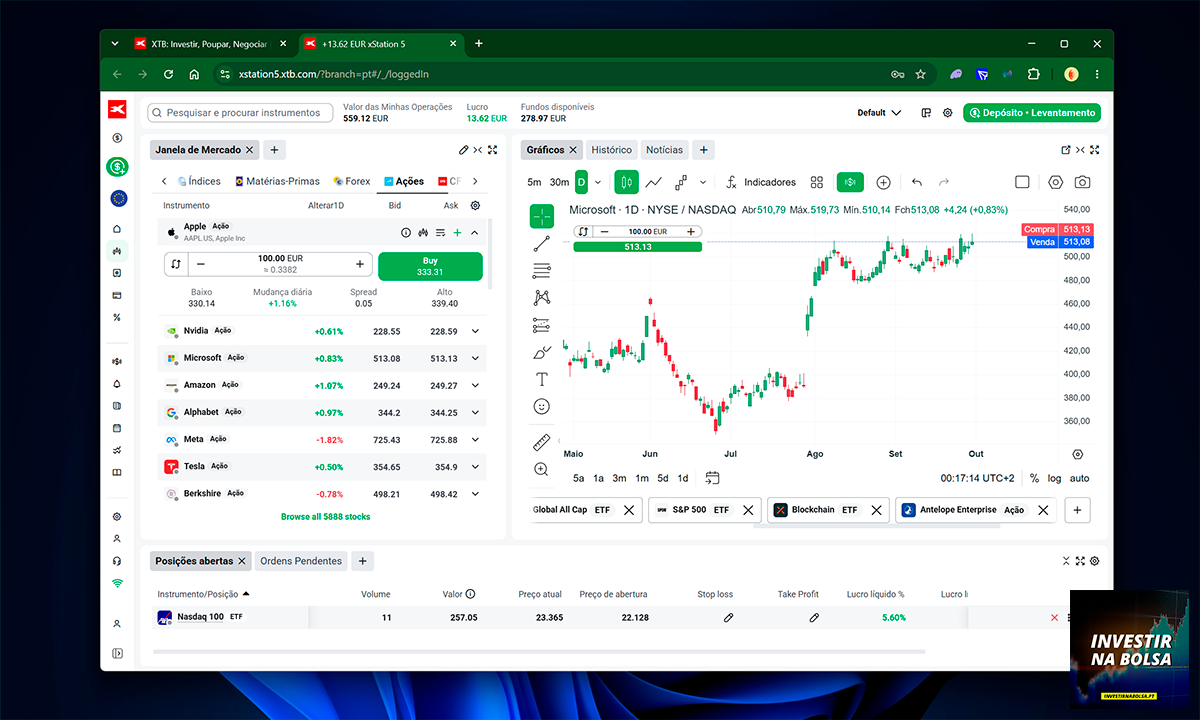 Plataforma web da corretora XTB