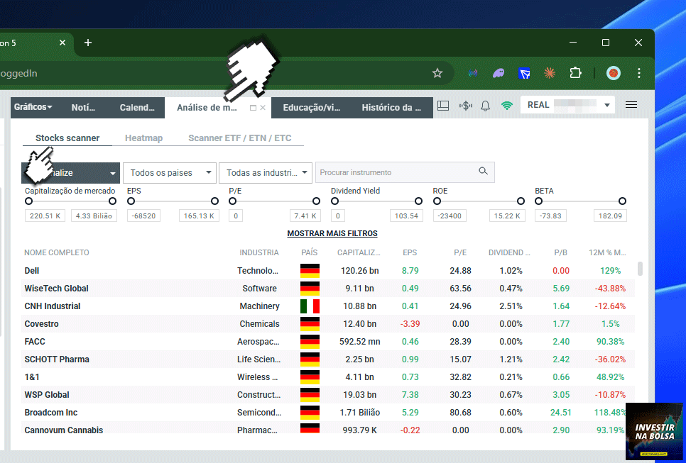 Stocks scanner na corretora XTB
