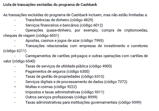 Transações excluídas do cashback da XTB